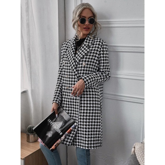 Lapel Collar Double Breasted Houndstooth plaid long pea Coat peacoat trench coat - Picture 4 of 5